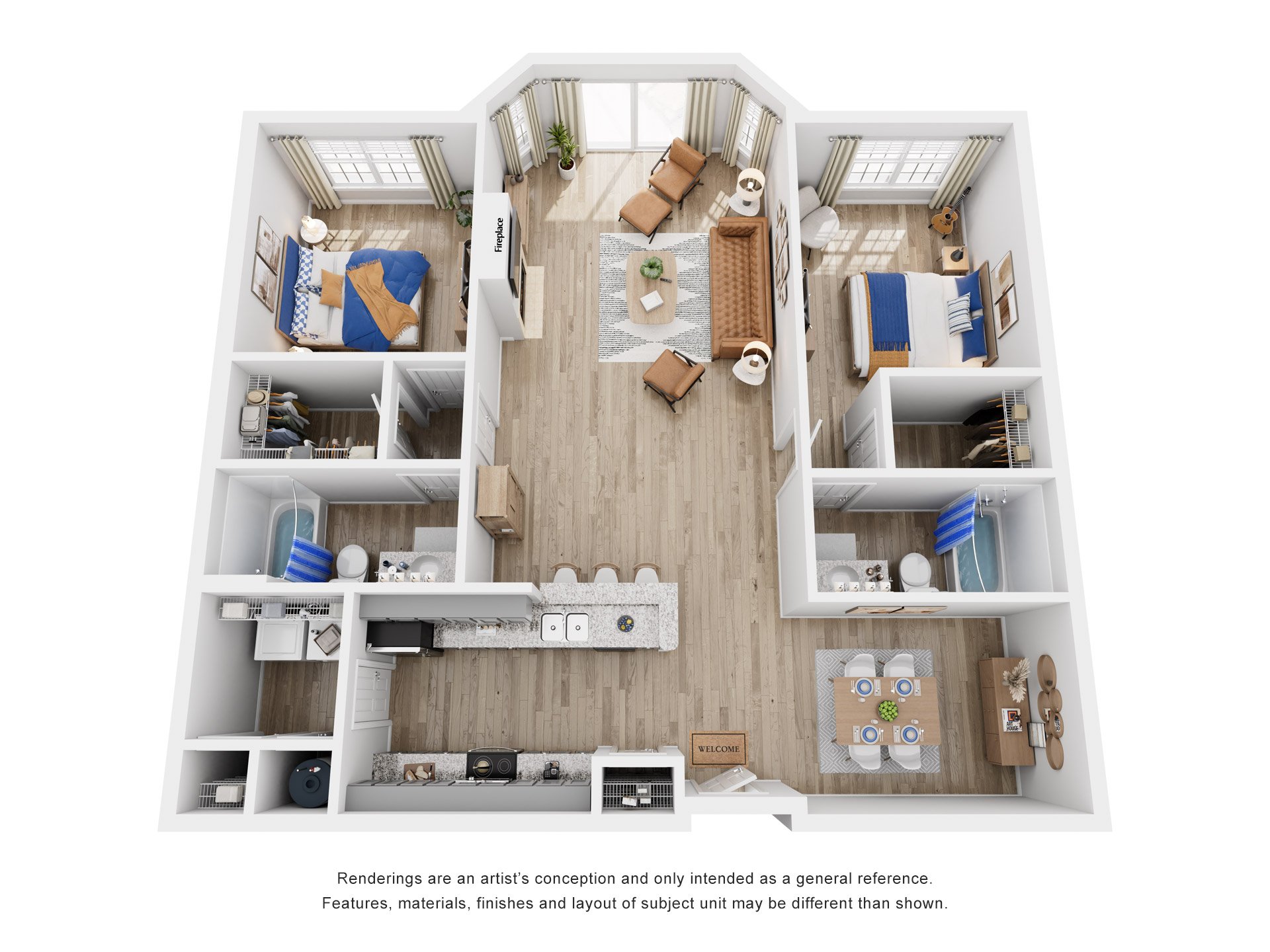 Floor plan for 2 beds, 2 baths, 1297 sqft